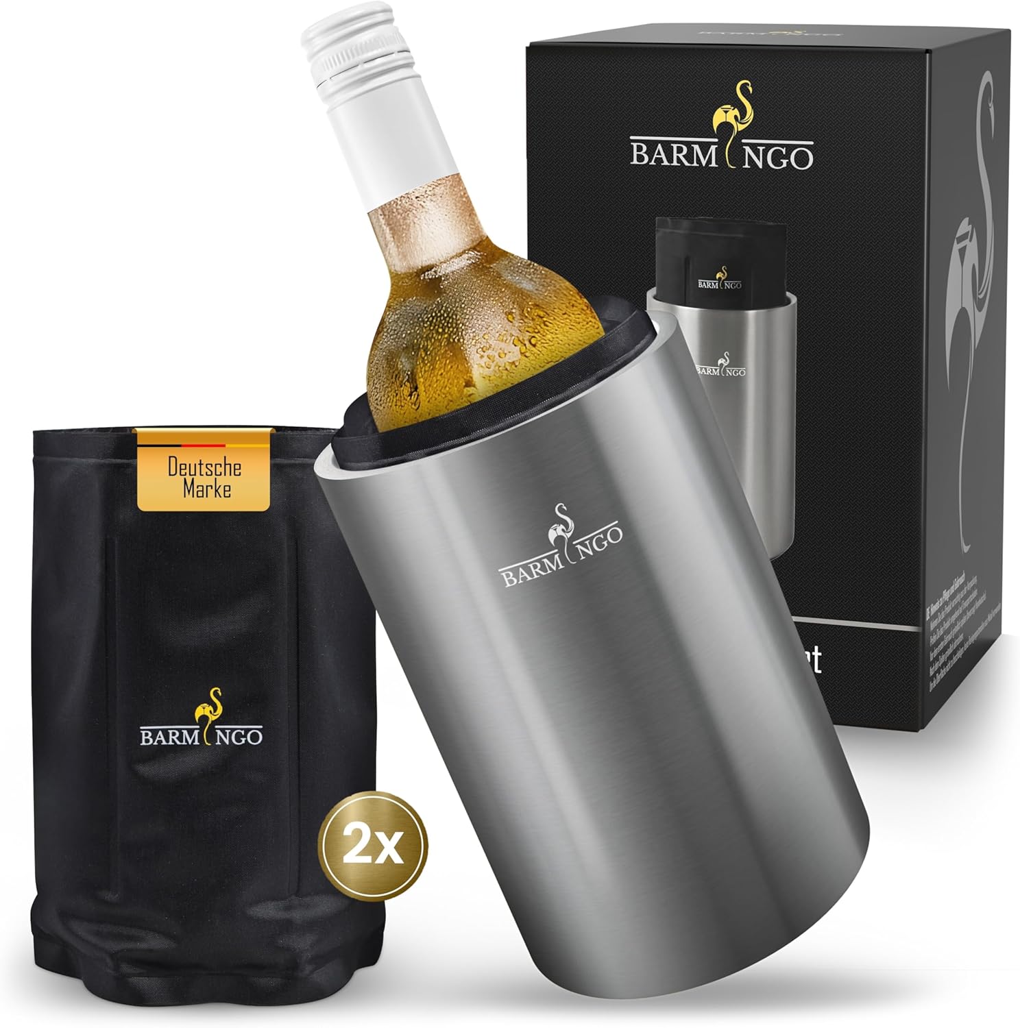 BARMINGO Stainless Steel Wine Cooler with Ice Packs - Drinks Cooler & Bottle Cooler for Wine, Sparkling Wine, Champagne, Double-Walled Champagne Cooler with Cooling Cuffs, Wine Bottle Cooler (Silver)