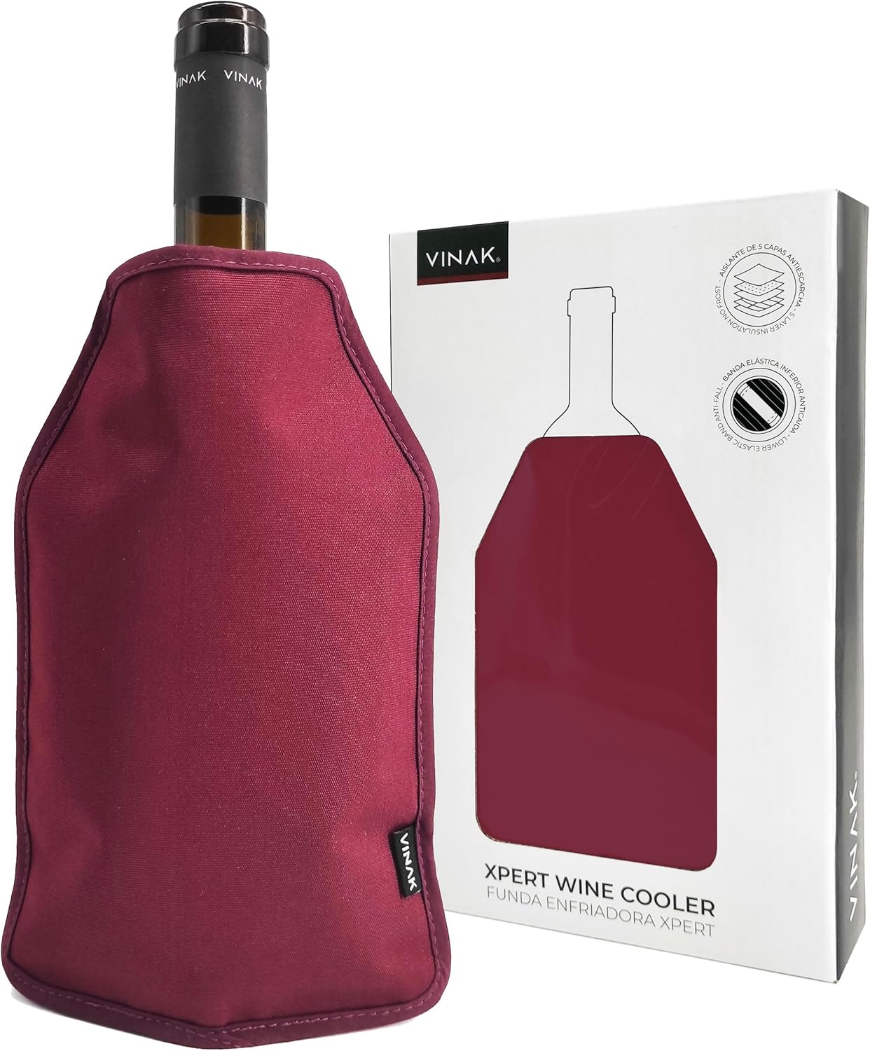 VINAK - Cooling Cover for Wine Bottles XPERT | Wine Cooler with High-Quality No-Frost Gel | Made of 5 Insulation Layers | Anti-Fall Elastic Band on the Bottom (XPERT Bordeaux)