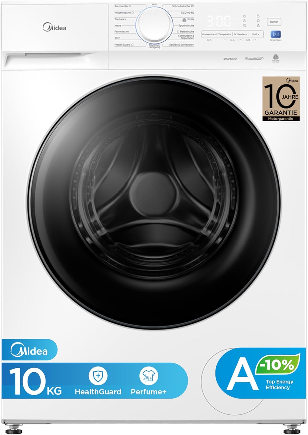 Midea Washing Machine V3 Series, 10 kg, Energy Efficiency Class A-10%, 1400 rpm, Steam Function, Pet Hair, 15 Minutes Quick Wash, Woolmark Certified MFV3EW100BA10, White