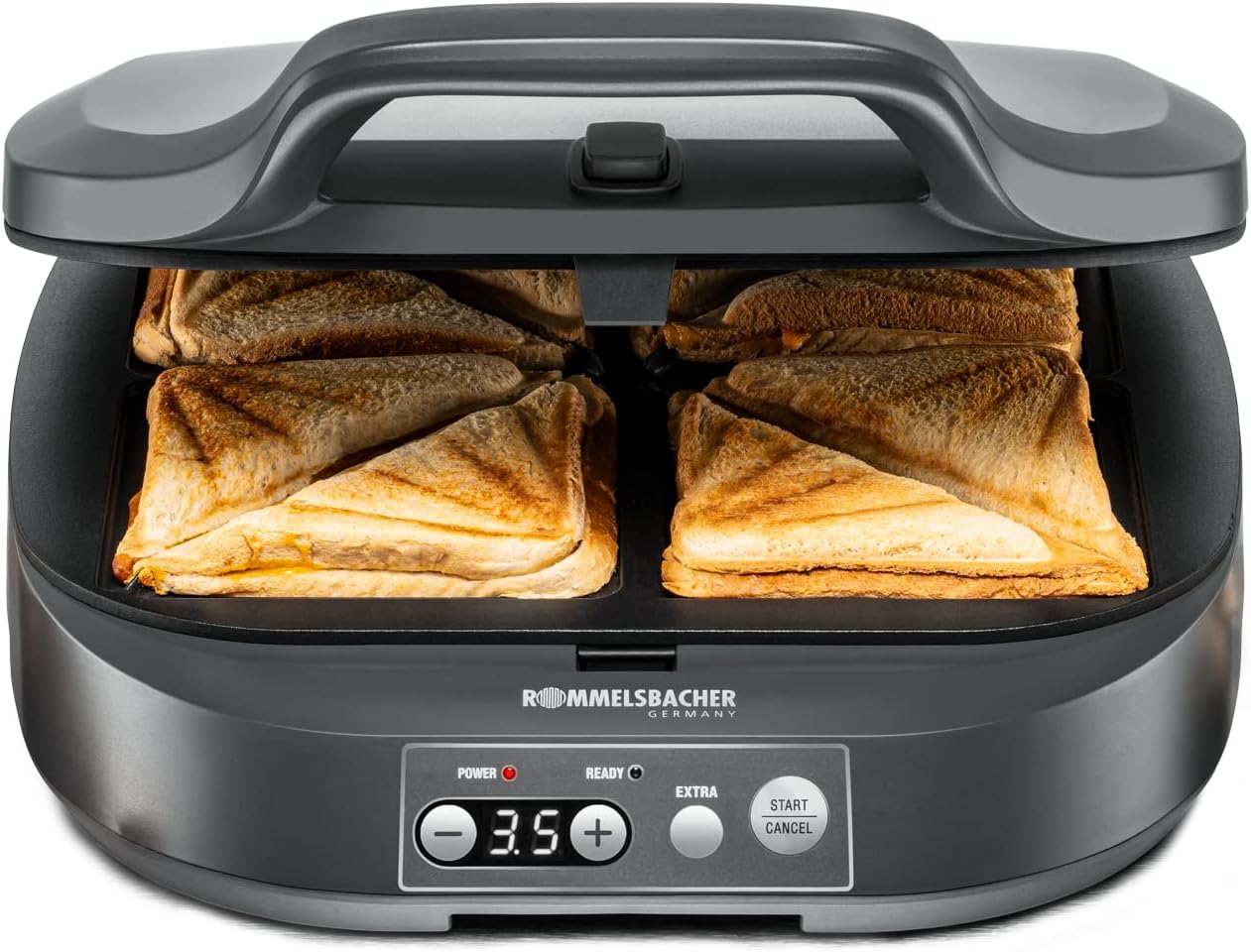 ROMMELSBACHER Sandwich Maker ST 1800, 4 XL sandwiches, non-stick coating, 15 minute timer, auto shut-off, cool touch housing, 1800 watts, slate gray