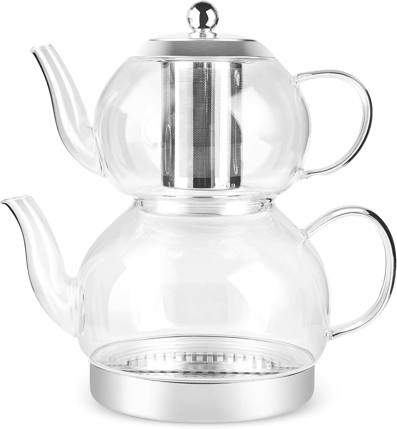 Karaca Pandora Borosilicate Glass Teapot Set with Stainless Steel Infuser, 2L Kettle & 1L Glass Teapot with Strainer, Turkish Tea Pot, Caydanlik, Turkish Tea Maker for Herbal Tea, Loose Tea