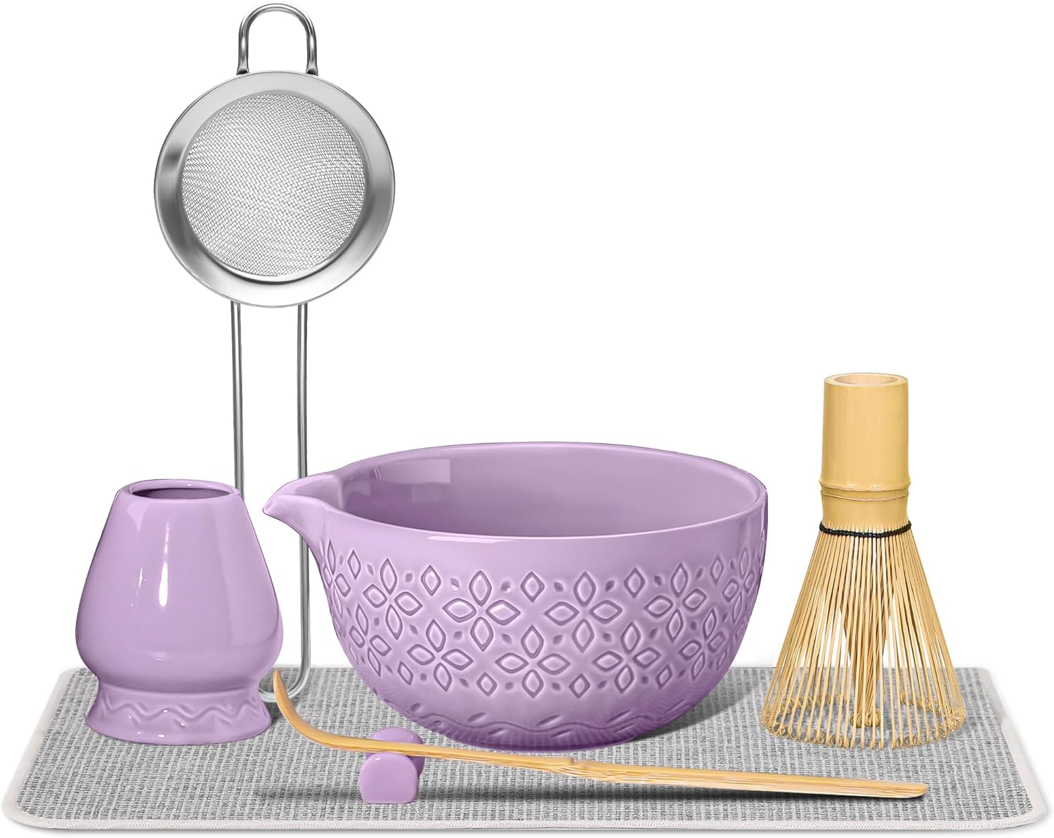 Bandiction Matcha Set, Matcha Bowl with Spout, 7 Pieces Matcha Accessories, Matcha Tea Set for Preparing Latte Coffee, Matcha Broom Set and Bowl with Spoon & Strainer