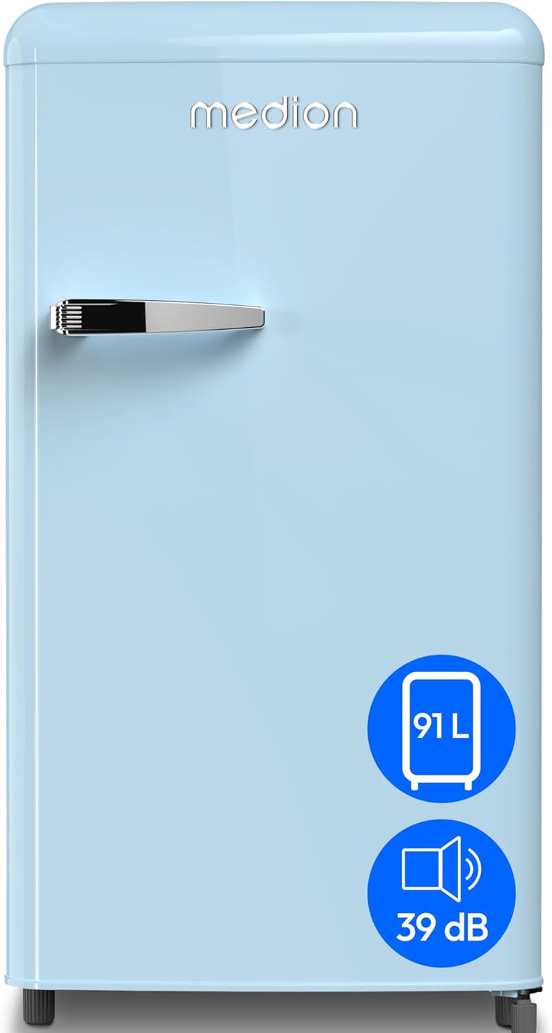 MEDION MD37800 Retro Fridge (91 Liters, 91 cm Height (Height-Adjustable Feet), Height-Adjustable Glass Shelves, Transparent Vegetable Drawer, Freestanding, Door Hinge Right, Metal Door Handle, Blue