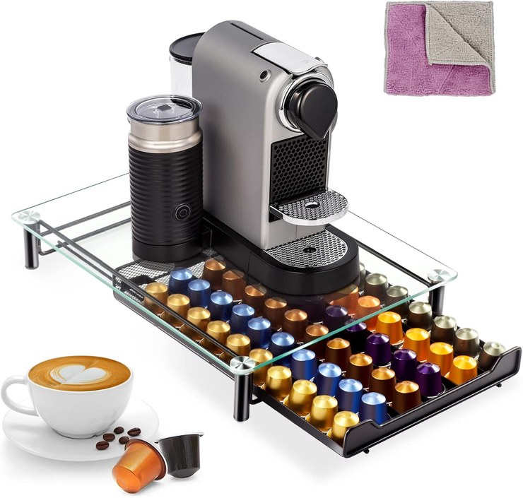 Masthome Nespresso Capsule Holder for 60 Capsules, Drawer and Coffee Maker, with 1 Extra Cleaning Cloth