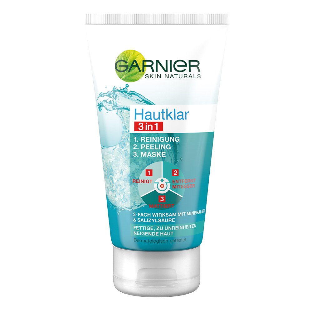 Garnier Skin Clear 3-in-1 cleansing scrub and mask, 3 x effective against blemished skin, deeply effective with salicylic acid and clay, 150 ml