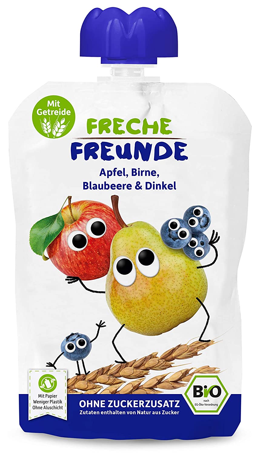 FRECHE FREUNDE Bio Quetschie Apfel, Birne, Blaubeere & Dinkel, Fruchtmus mit Getreide im Quetschbeutel für Babys ab dem 6. Monat, vegan
