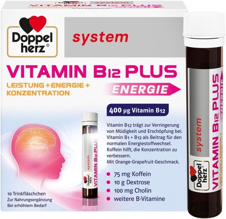 Doppelherz System Vitamin B12 Plus - Vitamin B12 contributes to the reduction of fatigue and fatigue and supports the normal functioning of the nervous system - 10 drinking bottles