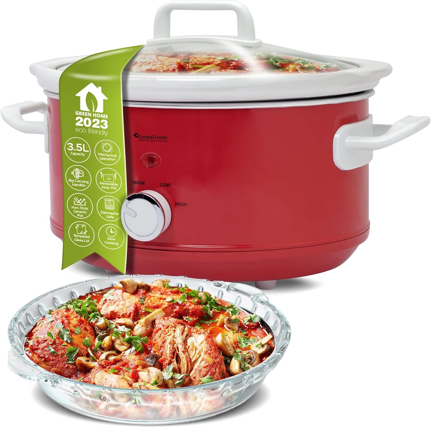 TurboTronic/Slow Cooker / 3.5 L/Red/White, Light Blue/White, Black/Slow Cooker with Warming Function, Steamer, Casserole, Garden Pot, Sous Vide Cooker, Retro Look (Red)