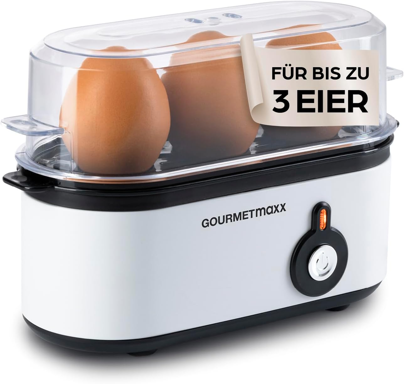 GOURMETmaxx Egg Cooker for 3 Eggs | Egg Boiler with Egg Cutter in Measuring Cup | Egg Cooker - 3 Hardness Levels for Your Egg Cup | Small Egg Cooker Design - Dishwasher Safe Parts