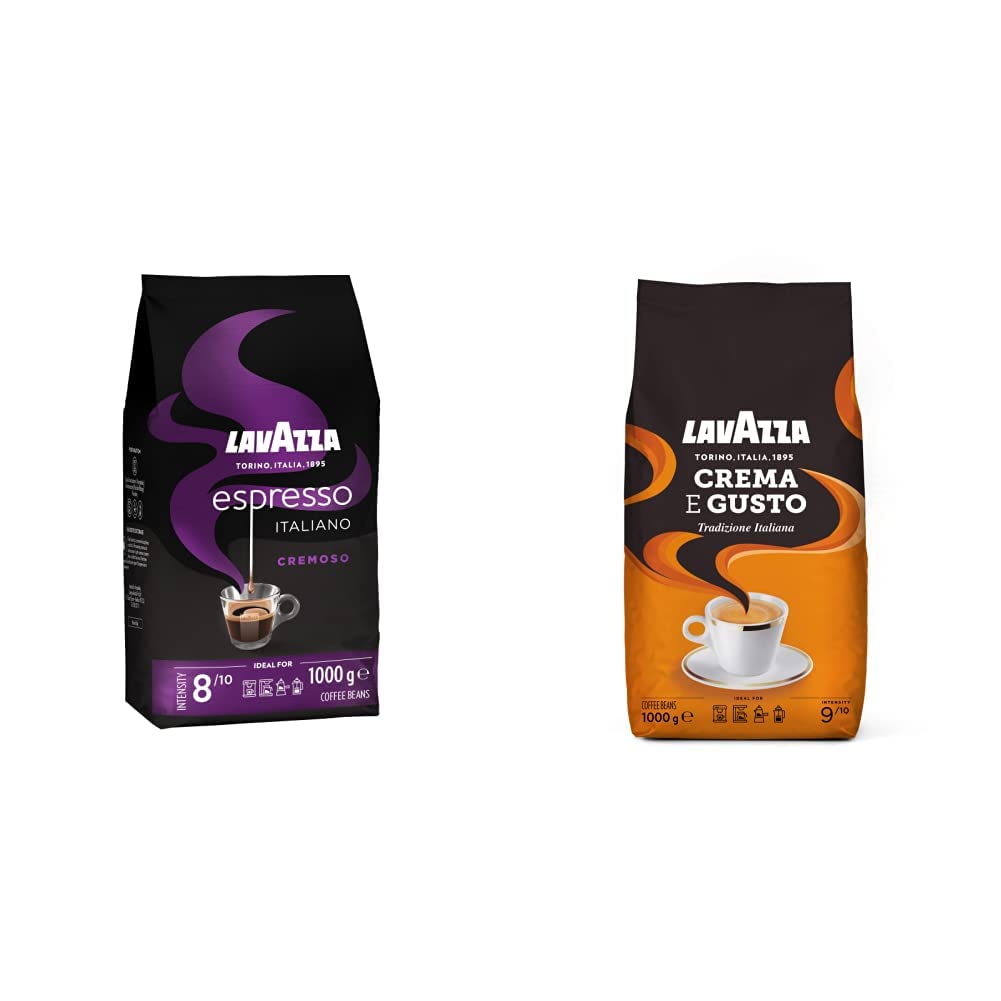 Lavazza, Espresso Italiano Cremoso, Arabica and Robusta Coffee Beans & Crema E Gusto Tradizione Italiana, roasted coffee beans, with spicy aromatic notes, 1 kg pack