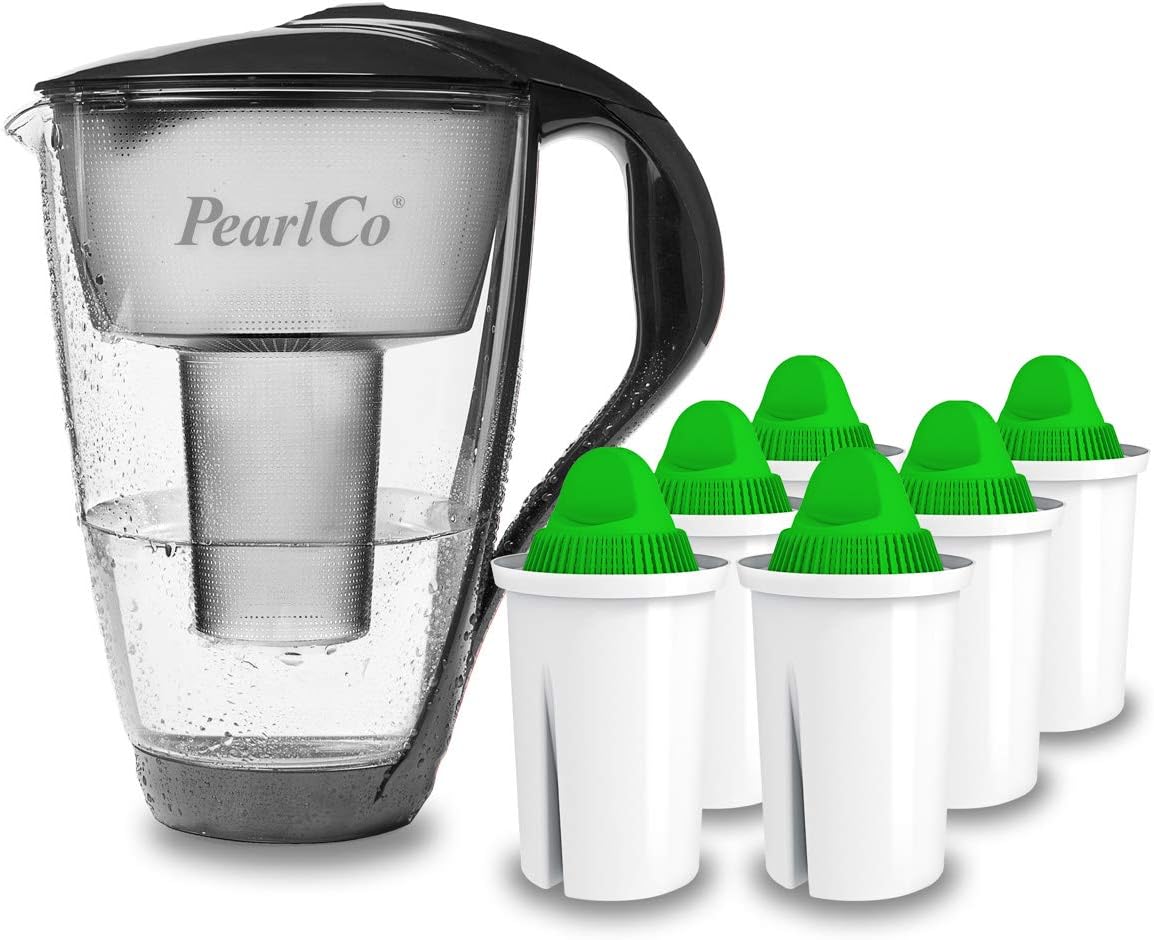 PearlCo Glass Water Filter (Anthracite) with 6 Alkaline Classic Filter Cartridges - Made in EU