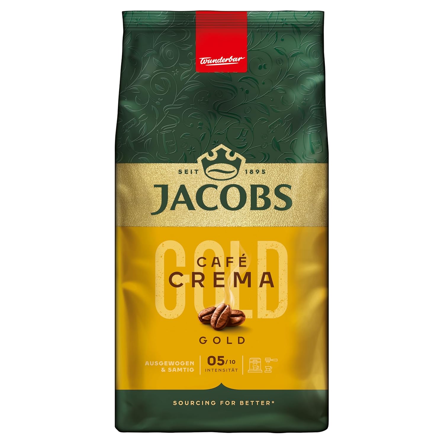 Jacobs Coffee Beans Café Crema Gold, Full-bodied & Fruity, Roasted in Bremen, Intensity 5/10, Coffee Whole Beans, 1 kg
