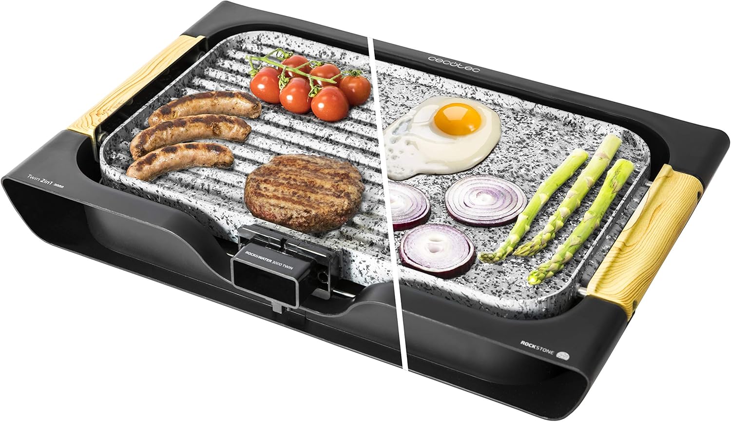 Cecotec Rock&Water Electric Grill Plate 2000.RockStone Cladding, Adjustable Thermostat, Dishwasher Safe, 40 x 20 (2200 W, Grey and Black)