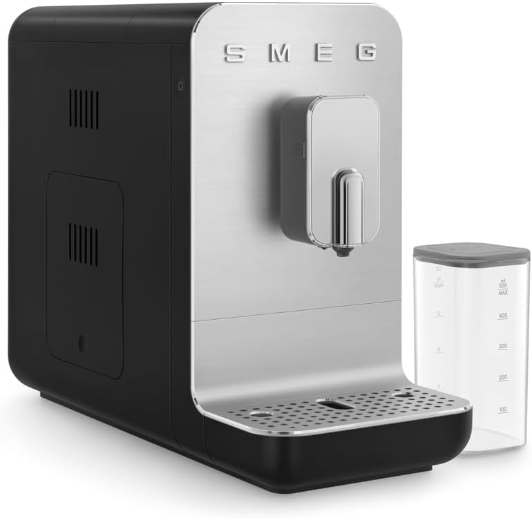 Smeg, BCC13BLMEU Automatic Espresso Coffee Machine, Milk System, Integrated Coffee Grinder, Thermoblock System, 1.4 L, Removable Drip Drawer, Compact Size, 1350 W, Black