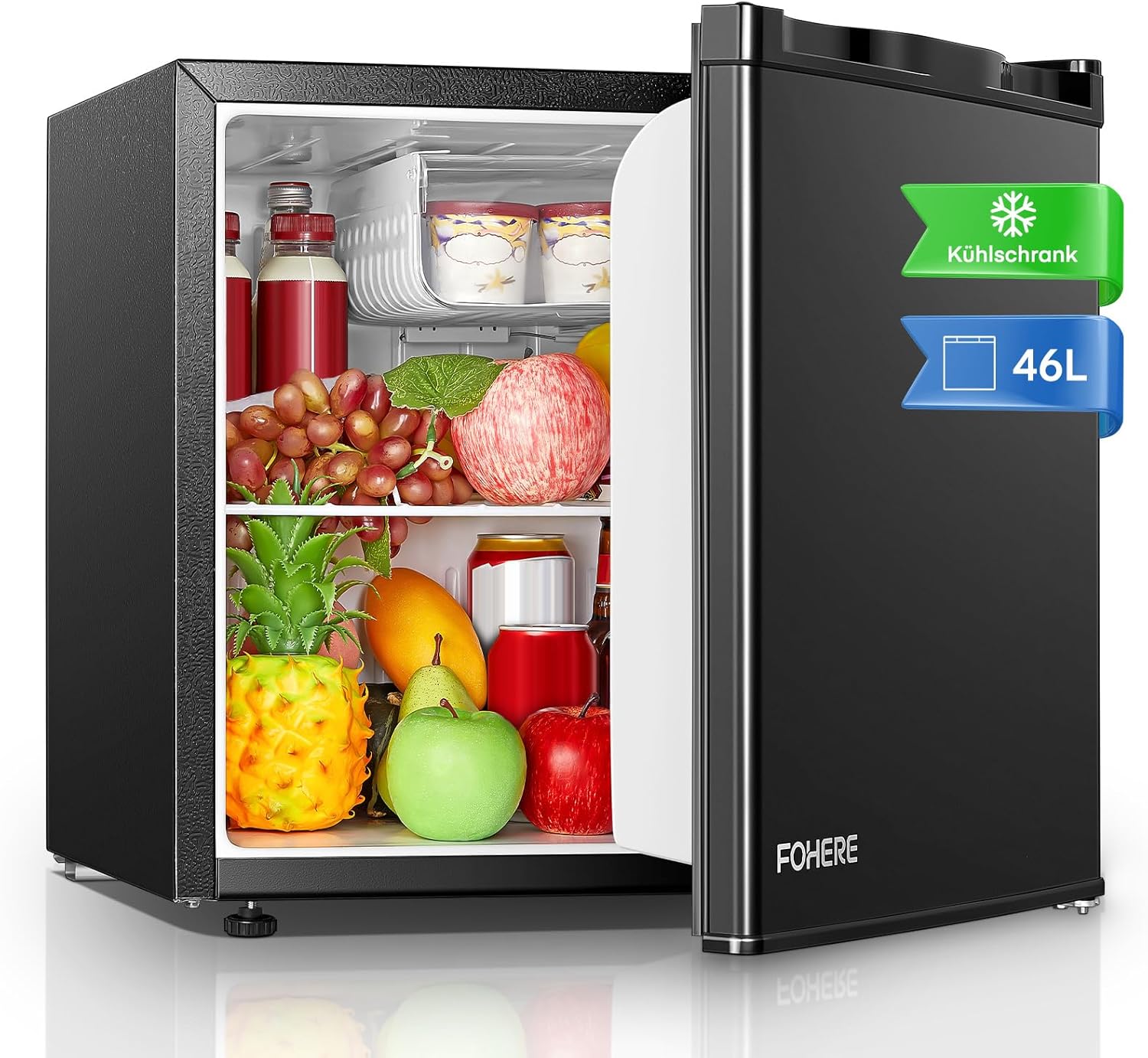 Mini Fridge E 46L with Ice Compartment, Small Fridge 42 dB, Interchangeable Door Hinge, Energy Saving, Temperature Control, Ideal for Kitchen, Office, Bedroom, Hotels and Small Apartments (Black)