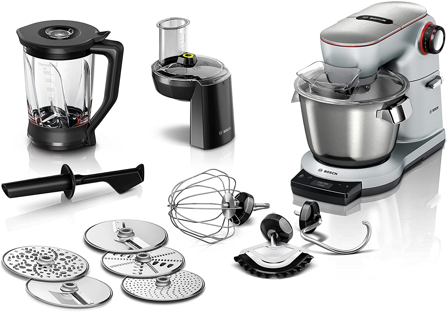 Bosch MUM9DT5S41 OptiMUM food processor (1500 W, 3 professional stainless steel mixers, dishwasher safe, automatic program, 5.5 liter, dough quantity 3.5kg, 5 slices, blender) silver