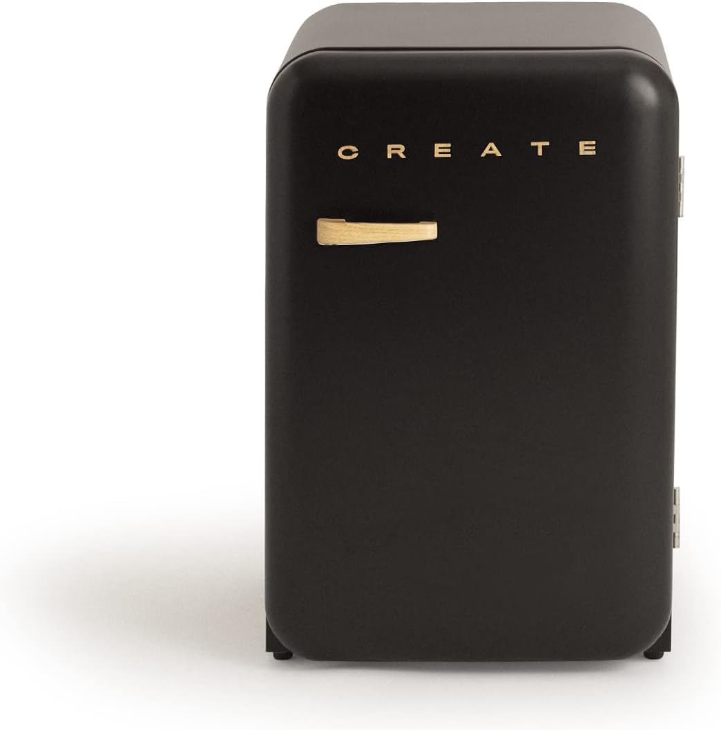 CREATE Retro Fridge 83.5 Wood Fridge in Black, Wood Handle, 98 W, Low Consumption, 2 Shelves, Temperature Control, Bottle Holder, 56 x 54 x 84 cm