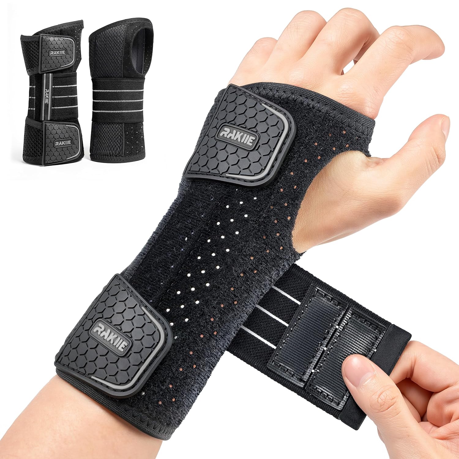 Rakiie Pack of 2 Wrist Support for Carpal Tunnel Syndrome Splint, Wrist Support with 3 Metal Splints & Breathable Mesh, Adjustable Wrist Bandages for Night & Sports, Bandage Wrist, Grey, M