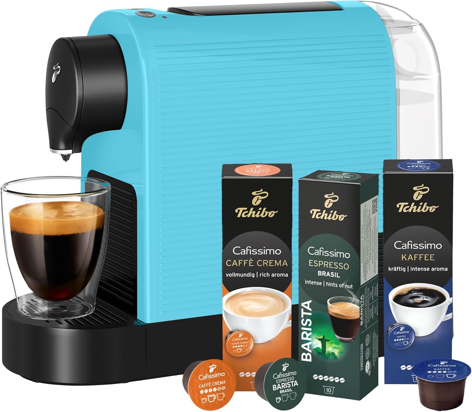 Tchibo Cafissimo Pure Plus Coffee Machine Capsule Machine Including 30 Capsules for Caffè Crema, Espresso and Coffee 0.8 L 1250 Watt 11.9 x 33.7 x 24 cm Limited Edition Tropical Breeze