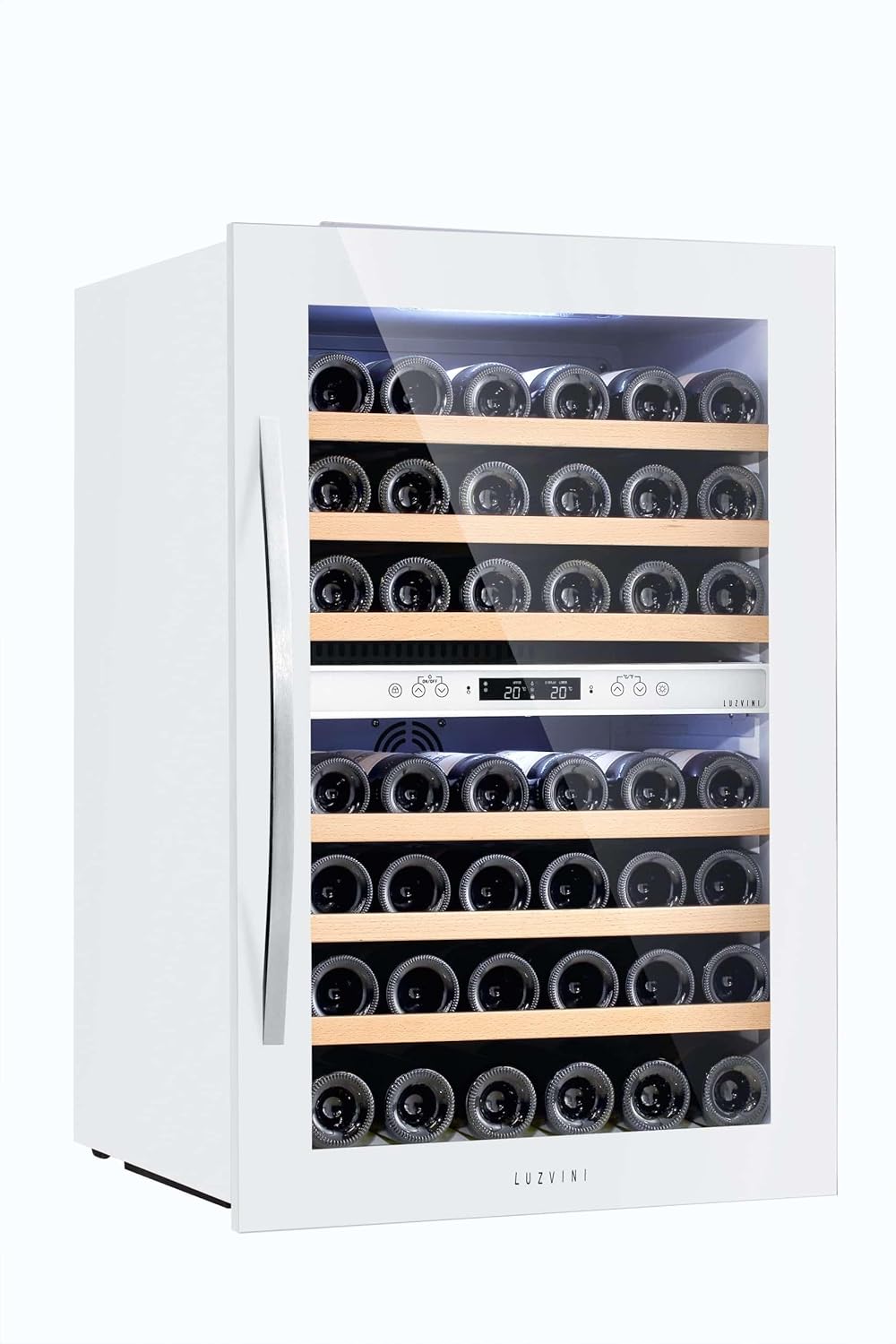 LV42W White Built-in Wine Fridge - Wine Climate Cabinet with 2 Zones, Full Glass Design Door, 42 Bottles, Adjustable Zones from 5-20°C, Compressor Cooling, 41dB, RVS Handle