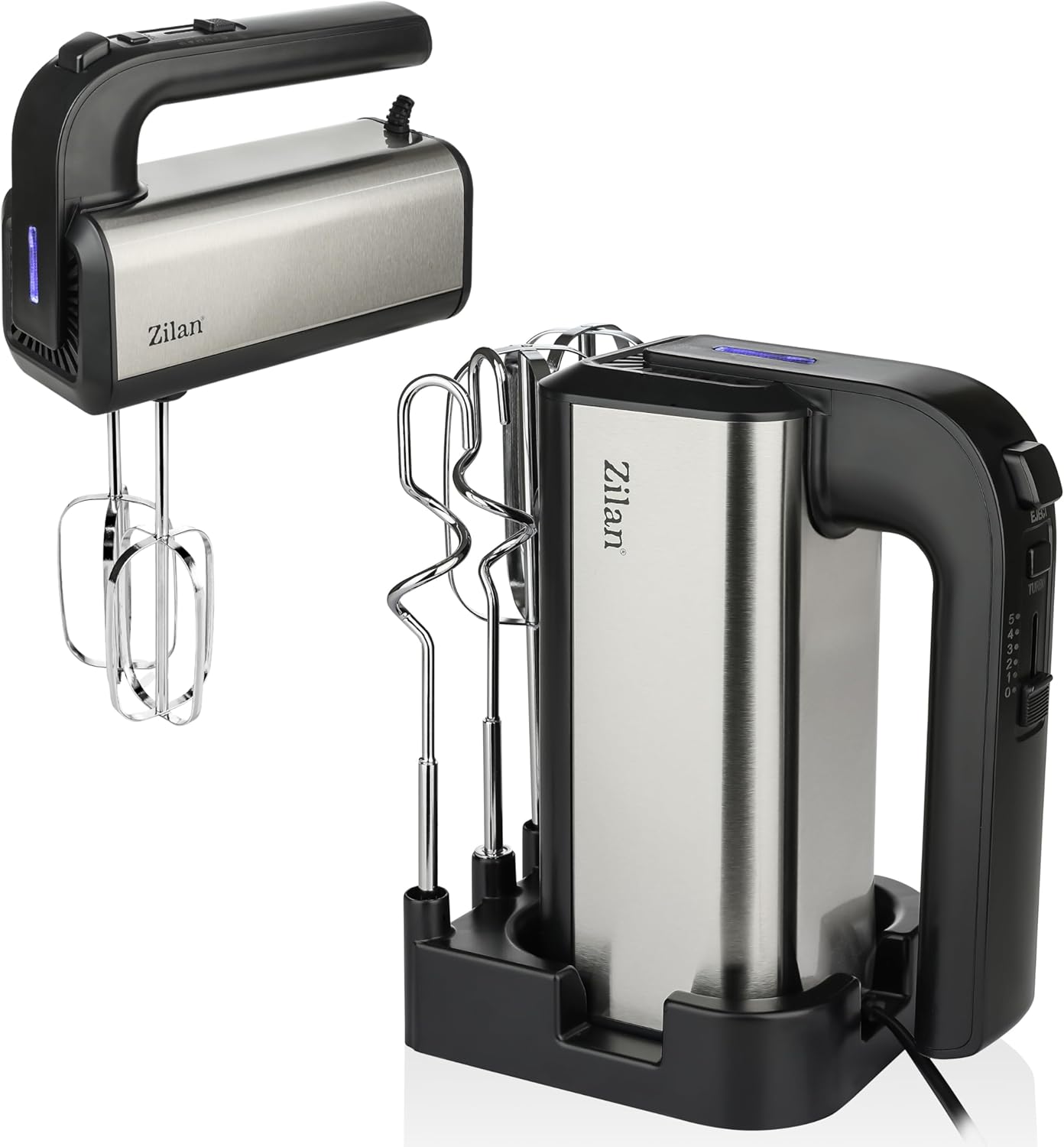 Hand Mixer 500 W with Stand - Powerful Electric Hand Stirrer Kitchen Mixer with 5 Levels & Turbo, Hand Mixer, 2 x Dough Hooks and 2 x Stainless Steel Mixing Hooks, Quiet, Ideal for Baking, Dough