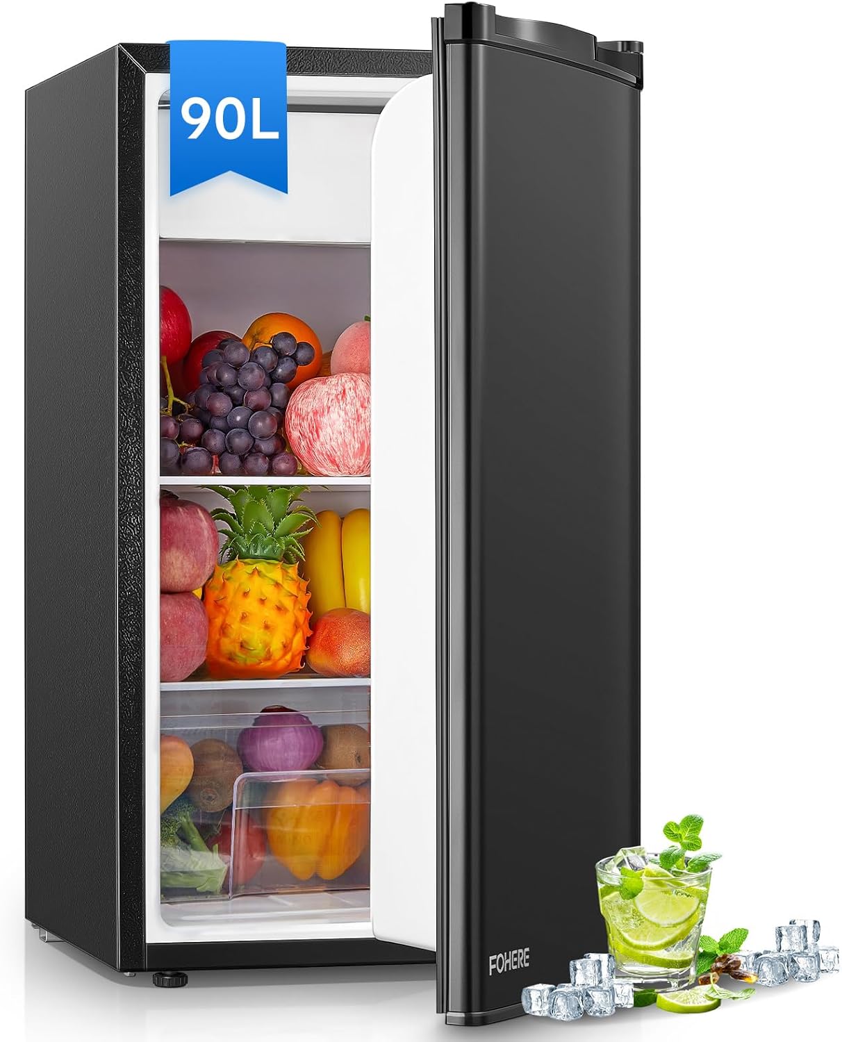 FOHERE 90 L Fridge with Freezer Small & Vegetable Compartment, Ultra Quiet Mini Fridge for Bedroom/Office, 7-Level Thermostat, Energy Efficiency, Black
