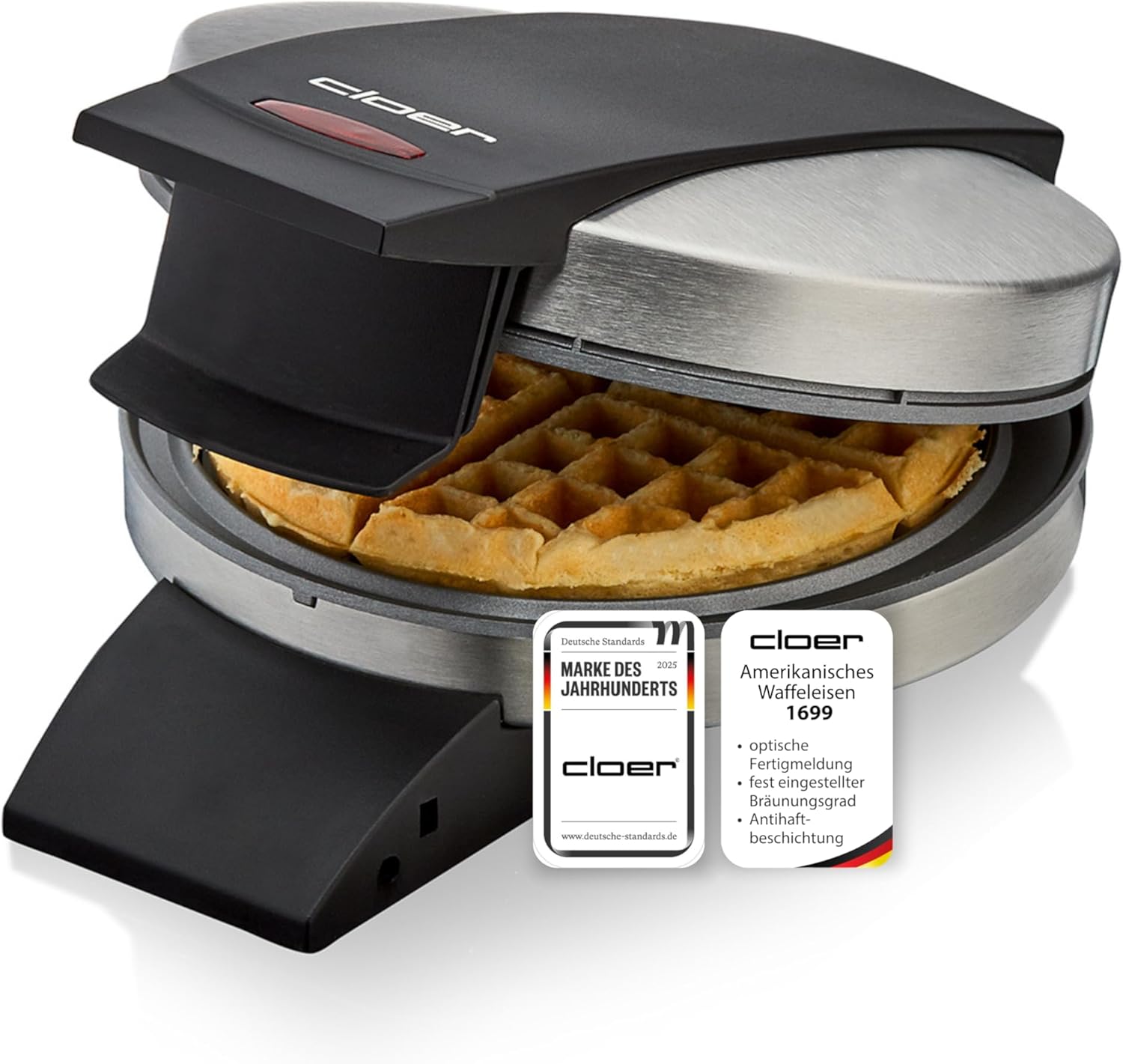 Cloer Store Cloer 1699 American Waffle Iron for a Round Waffle with 15.5 cm Diameter, Non-Stick Coating, Fixed Browning Level and Optical Finish Notice, Stainless Steel, 930 W
