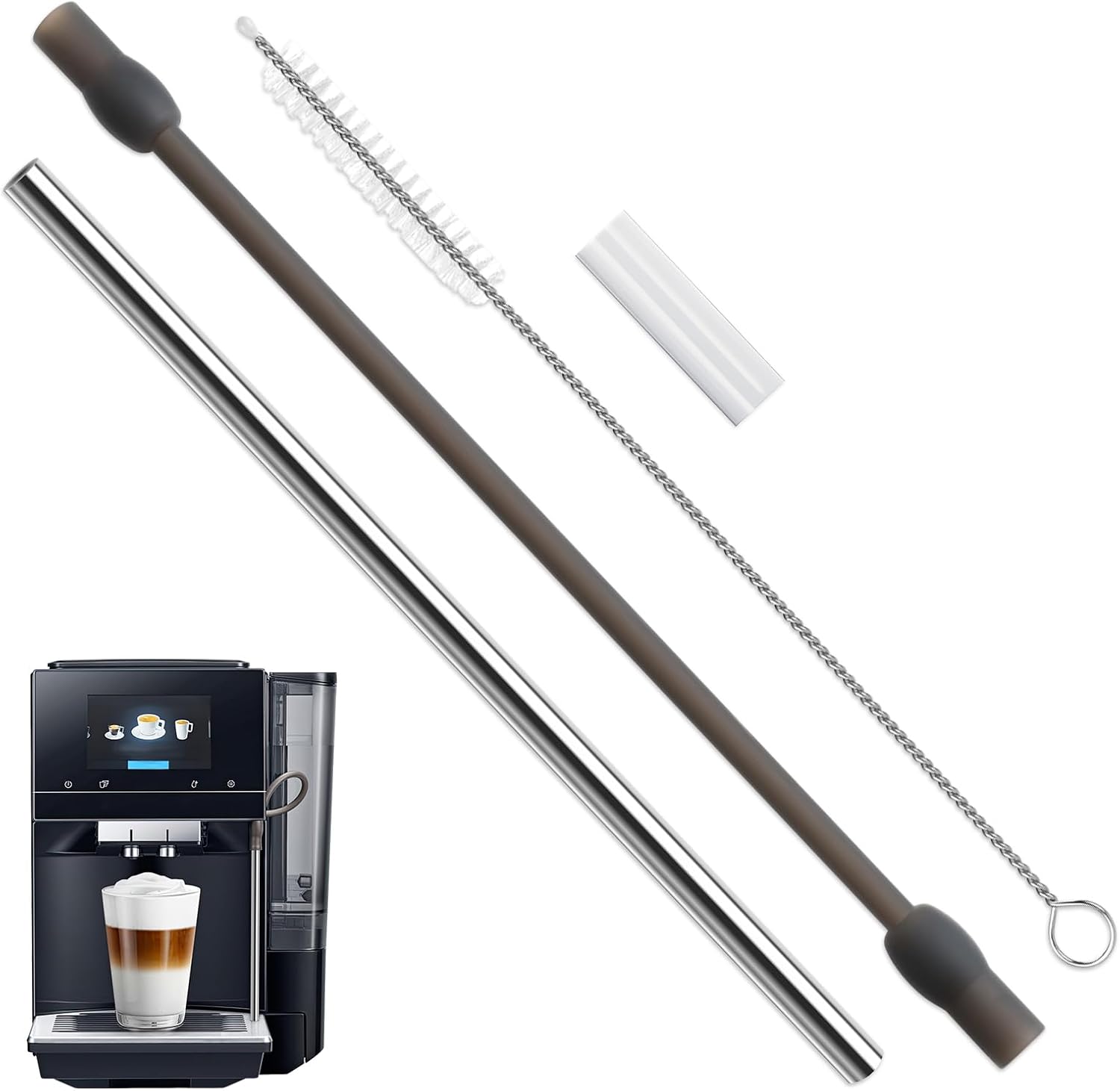 Fanxaolnes Milk hose replacement set for coffee machines, compatible with Siemens EQ6 and Bosch VeroAroma, stainless steel milk pipe & cleaning brush for fully automatic coffee machines