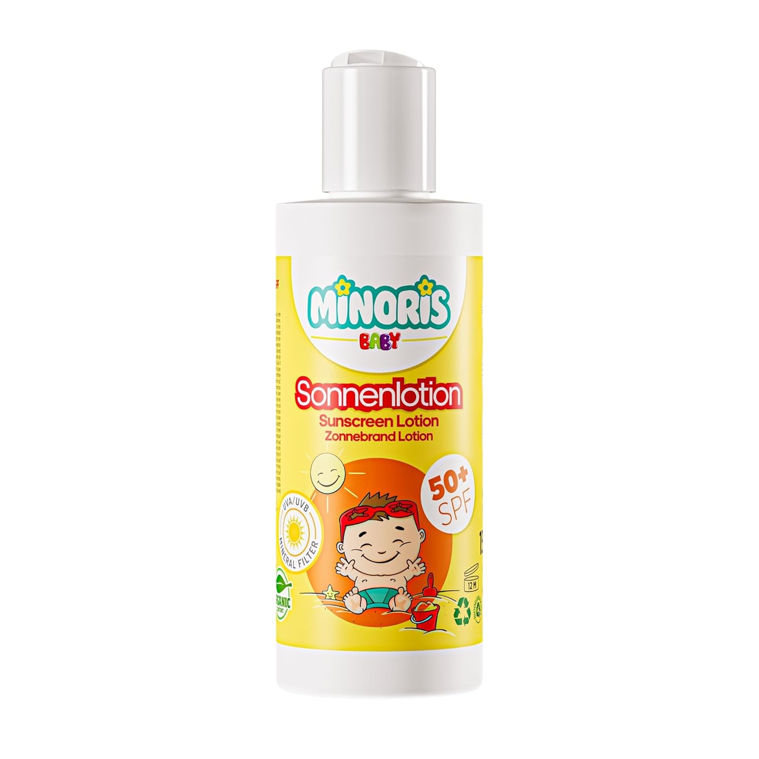 Minoris Baby Sun Cream SPF 50+ - Mineral Sun Protection Lotion with Zinc Oxide - Hypoallergenic, Vegan, Organic and No Whitening - 150 ml