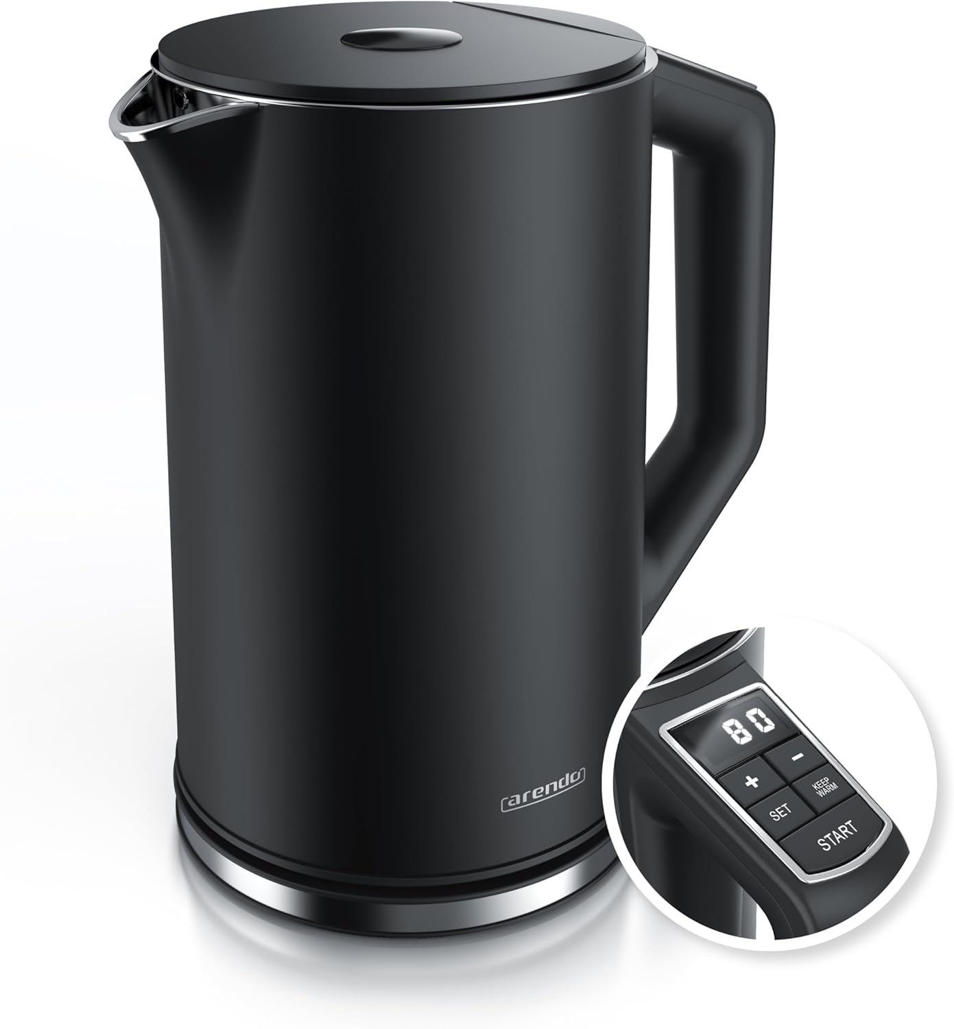 Arendo Stainless Steel Kettle with Temperature Setting 40-100 Degrees in 5 Steps, Double Wall Design, Elegant Model, 1.5 Liters, 2200 W, Kettle with Temperature Display, GS, Black