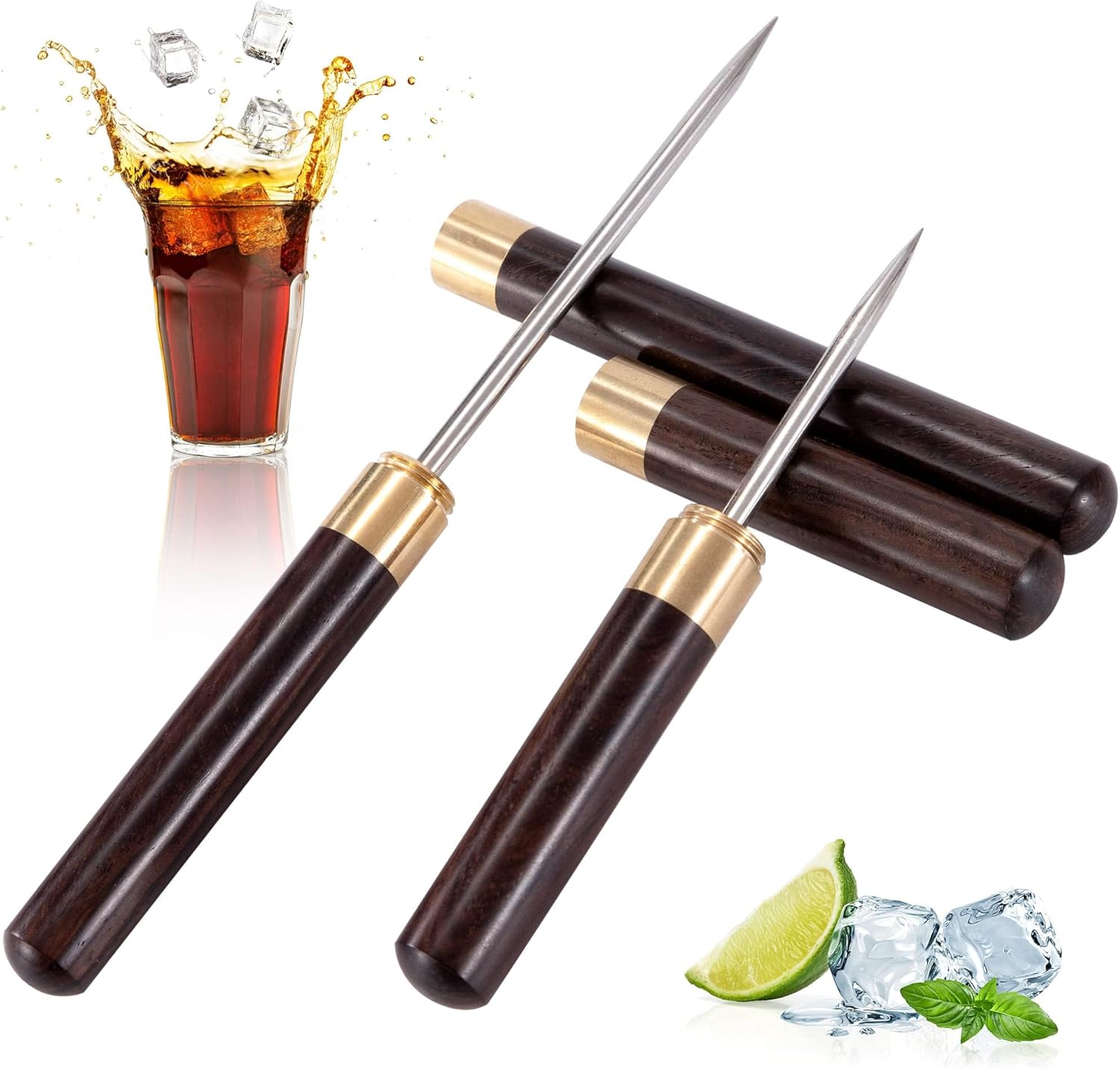 Stainless Steel Ice Ax 2 Pieces Ice Pick Tool with Wooden Handle, Pick Tool Breaking Ice Non-Slip Punch Crusher for Bars Kitchen Picnics Camping Restaurant Home Bartender