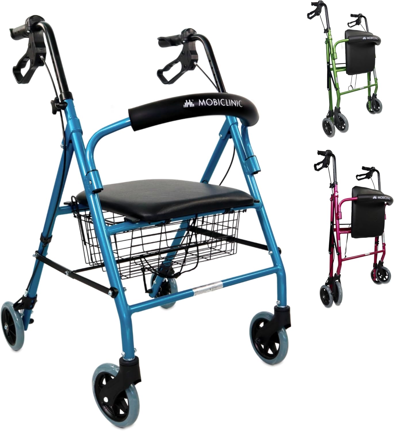 Mobiclinic, Escorial Rollator, European Brand, Foldable and Lightweight, Lockable Handbrakes, Walker for Senior, Aluminum, with Seat Backrest, Basket, 4 Wheels, Blue