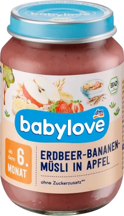 babylove Fruit & grain strawberry banana muesli in apple from the 6th month, 190 g
