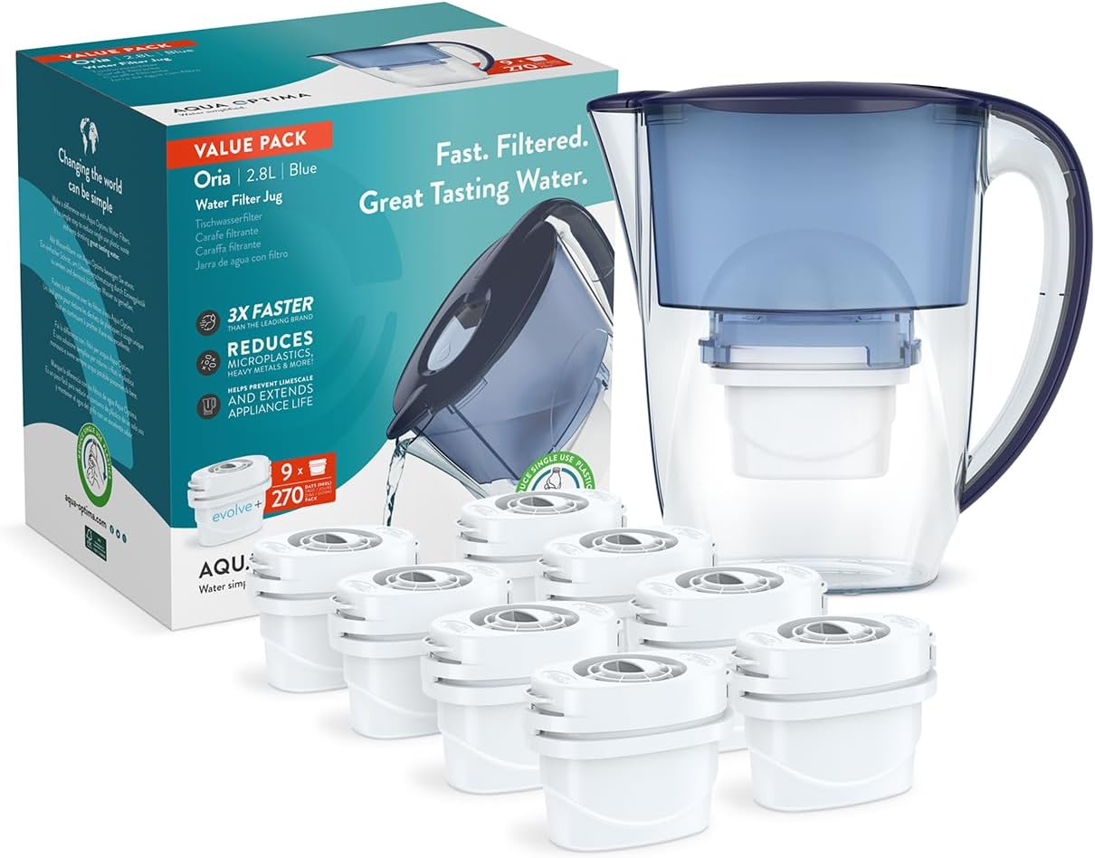 Aqua Optima Oria Water Filter Jug & 9 x 30 Day Evolve+ Water Filter Cartridge, 2.8 Liter Capacity, to Reduce Microplastic, Chlorine, Limescale and Impurities, Blue