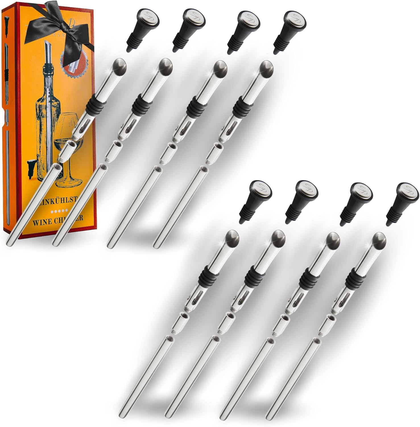 SIMPLEX DOMO 4-in-1 Premium Wine Cooling Stick, Set of 8, 100% Stainless Steel Pourer & Wine Cooler, Includes Extension & Bottle Stopper, Dishwasher Safe, Elegant Gift Box