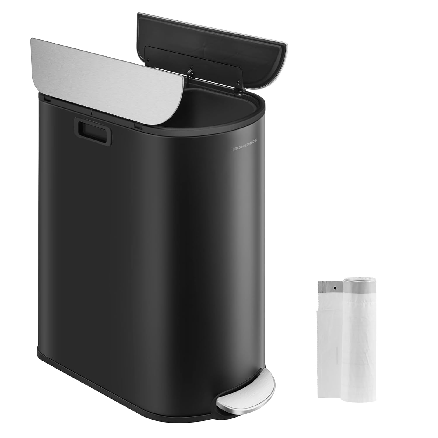 SONGMICS Kitchen Waste Separation System, 2 Compartments, 30 L and 20 L, Slim Waste Bin, Pedal Bin for Recycled Materials and Waste with 2-Piece Lid, Ink Black Metallic Silver LTB570B02