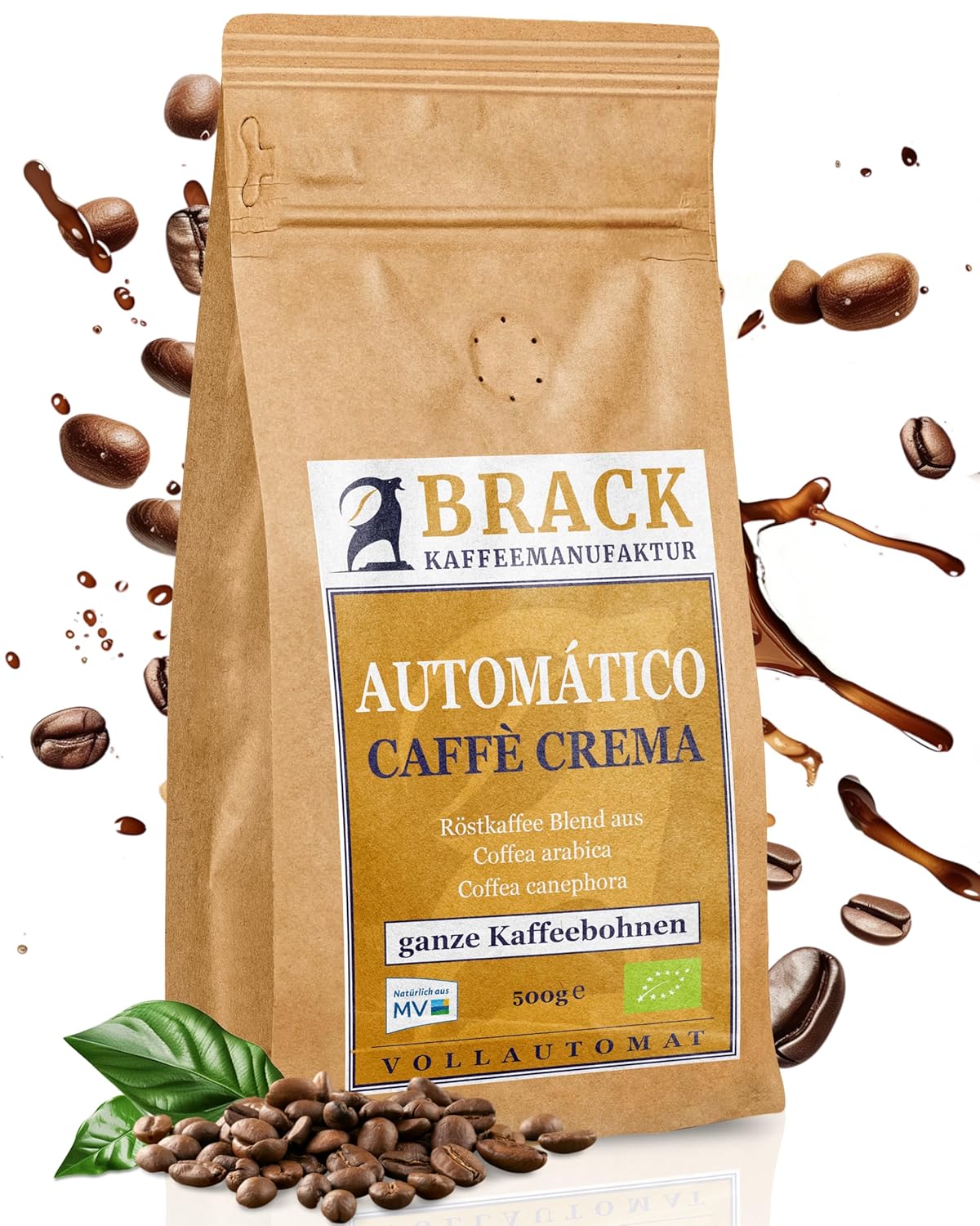 BRACK KAFFEEMANUFAKTUR Brack Automático Caffè Crema - Whole Coffee Beans 500 g for Fully Automatic Coffee Machines - Certified Organic & Regionally Roasted - Arabica & Robusta from Organic Cultivation - Resealable with