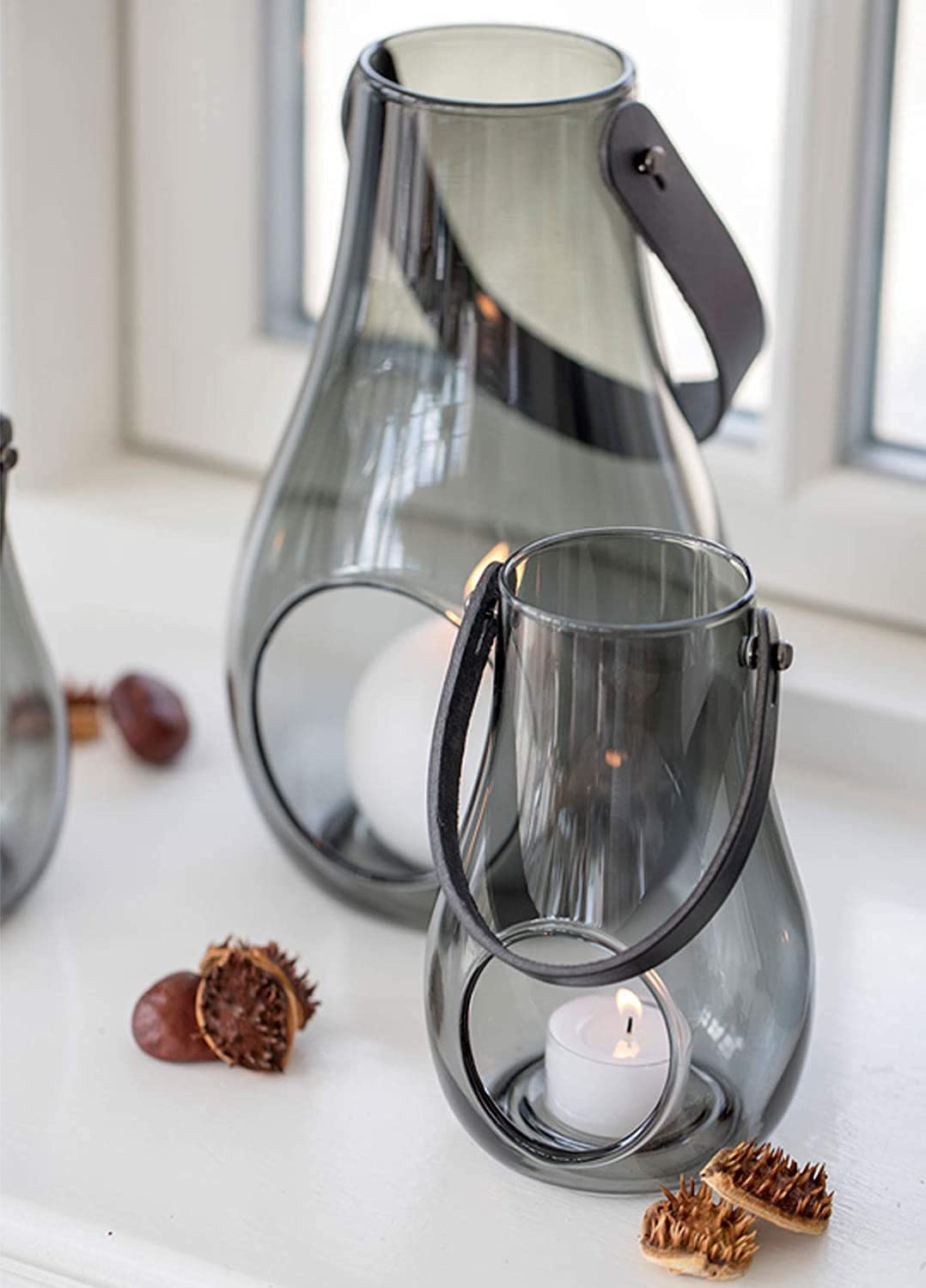Holmegaard Design Candle Light Lantern, Glass Lantern with Core Leather Handle, Decorative Lanterns for Indoor and Outdoor Use, Smoke, 16 cm