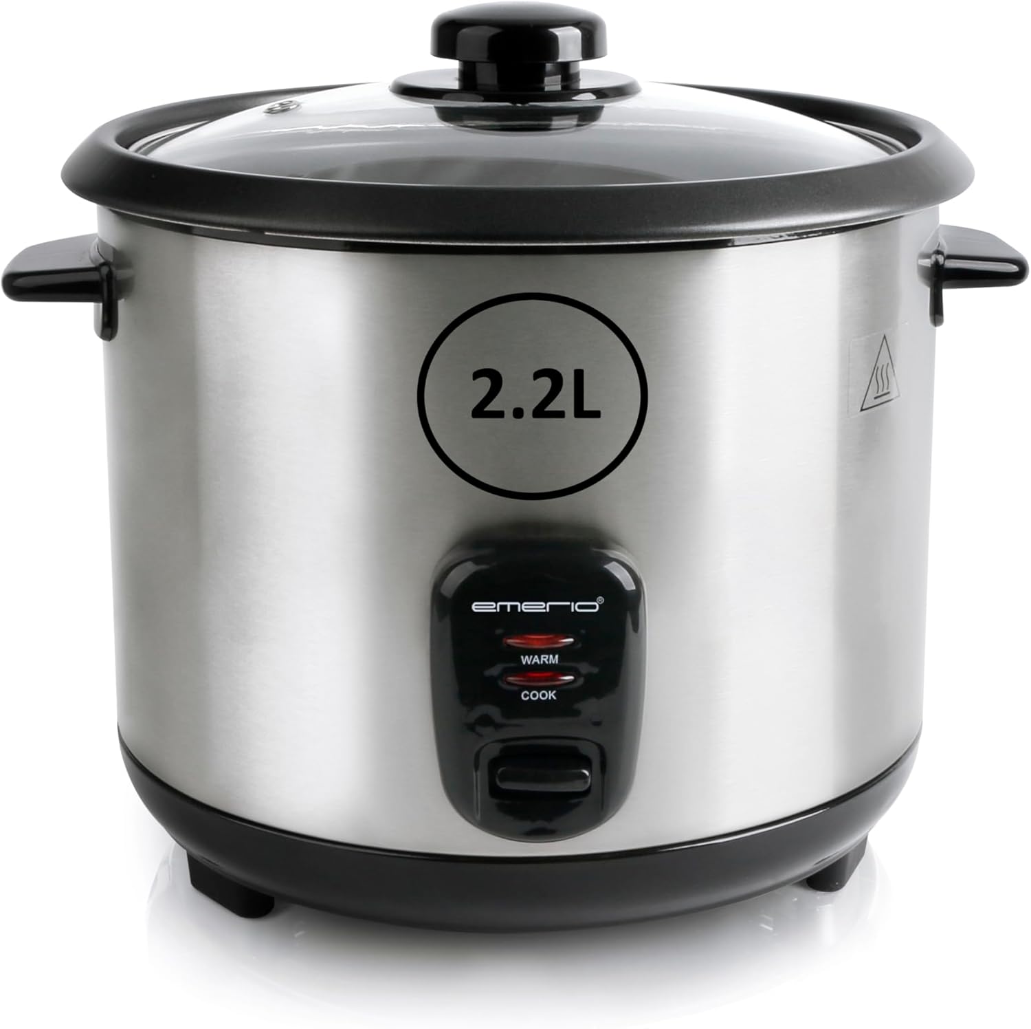 EMERIO RCE-132390 Automatic Eco Rice Cooker, Large, 2.2 L Volume, Warming Function, Non-Stick Coating, Glass Lid, Includes Rice Spoon and Measuring Cup, Slow Cooker, 900 Watt, Stainless Steel