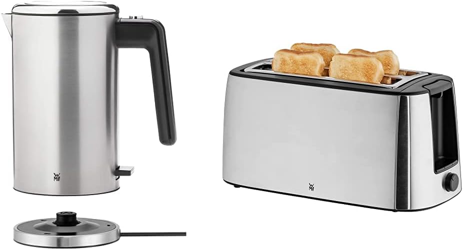 WMF Lono Kettle Stainless Steel 1.3 L, Double-Walled, Electric Kettle with Limescale Filter, 2400 Watt & Bueno Pro Toaster Long Slot with Bun Attachment, 4 Slices, XXL Toast, Crushing Function