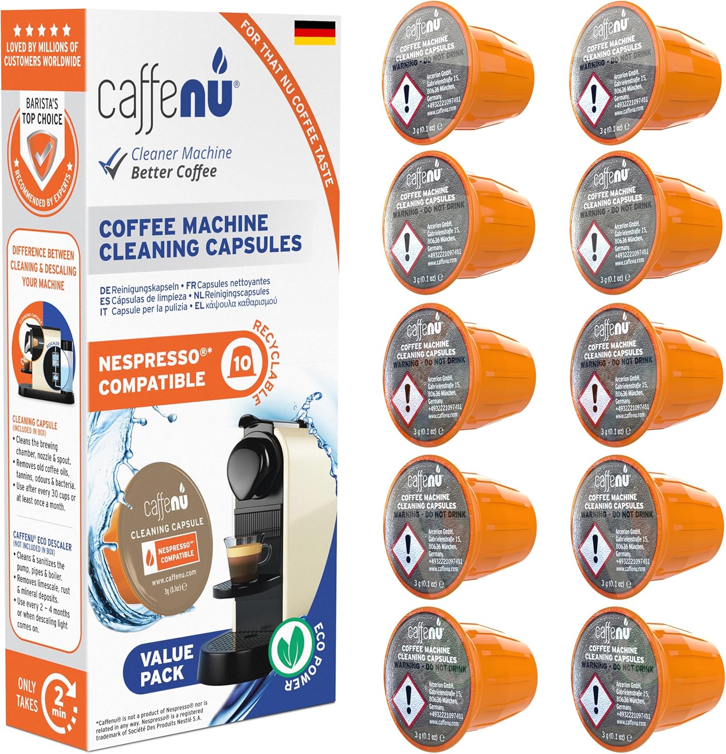Caffenu Nespresso Cleaning Capsules x10 | Coffee Machine Cleaner for Fresh Coffee | Cleaning Capsules for Nespresso Machines | Barista Accessories | Can be combined with Descaler Set