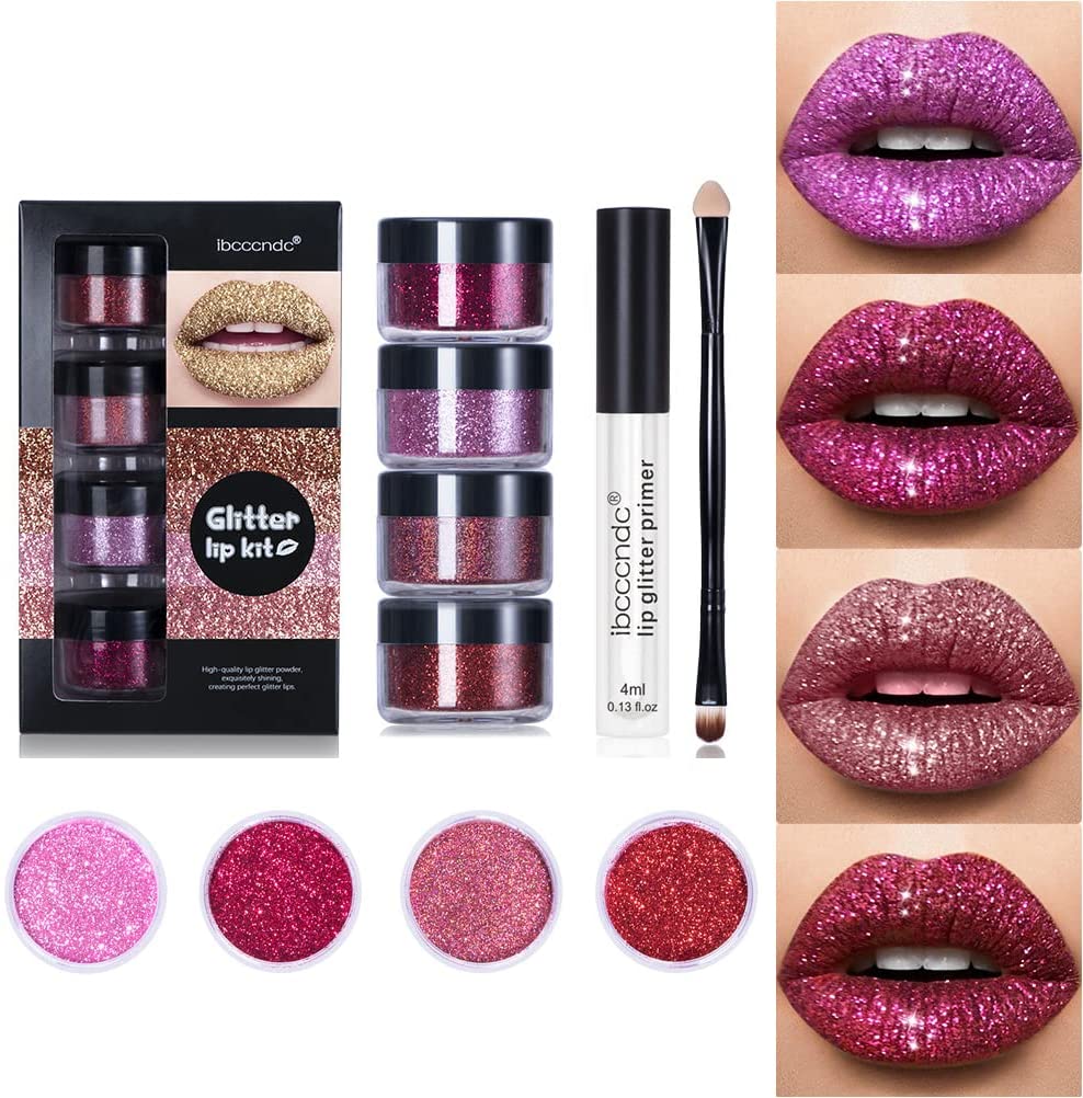 FILWO Extra Fine Glitter Pack of 4 with Primer and Brush Non-Stick Cup Moisturising Long Lasting Metallic Lip Glaze for Halloween, Festival & Holiday, 