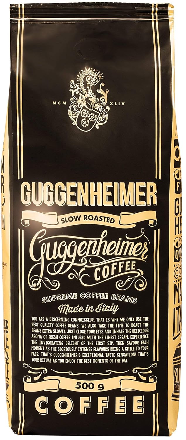 GUGGENHEIMER COFFEE - Coffee Beans 2 kg - Extra Slow Roasted - Low Acid and Bitter Substances - Barista Quality - Finest Crema - Best Espresso for Fully Automatic Machines - 4 x 500 g