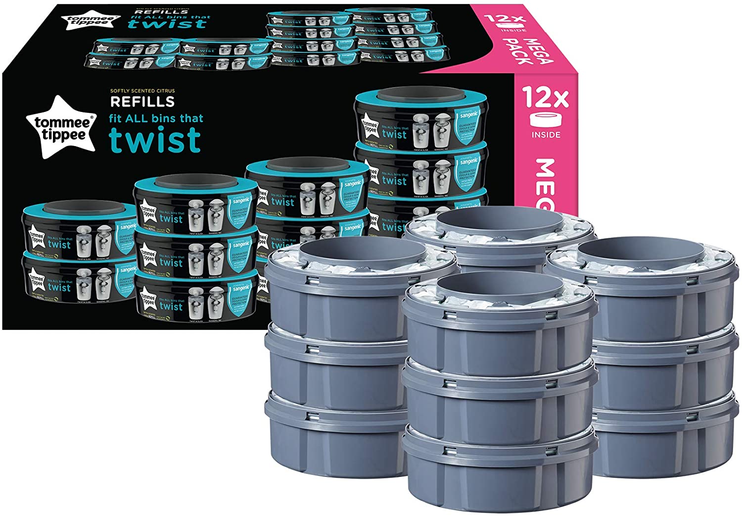 Tommee Tippee Twist and Click Enhanced Nappy Disposal Sangenic Tec Refill Packs, Pack of 12 (Compatible with Sangenic Tec Twist and Click Containers)