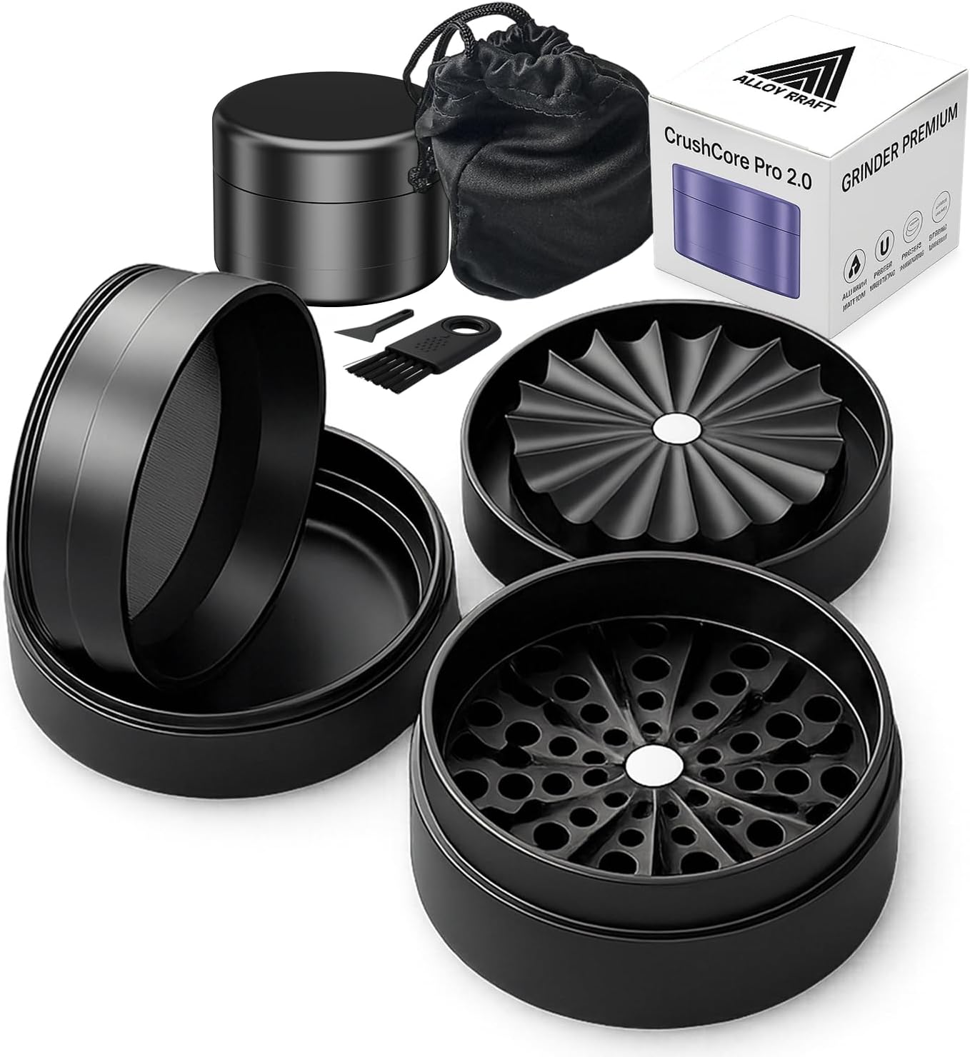 Alloy Kraft Toothless Premium Crush Core Pro 2.0 Grinder | Patented Crusher Made of Anodized Aluminum | 63 mm Herb Mill with 4-Piece Structure for Dry Herbs & Spices