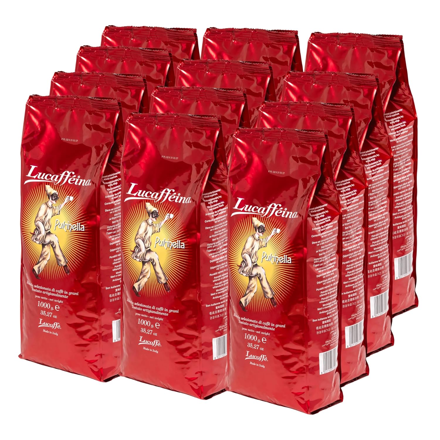 Lucaffé - Pulcinella Coffee Beans, 12 Packs of 1 kg | Whole Bean Coffee for Creamy Espresso | Dark Roast | Full-bodied and liquor-like taste | Intense and enveloping aroma