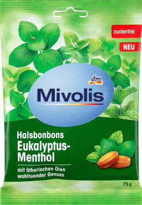 Mivolis Candy, eucalyptus menthol, sugar-free, 75 g