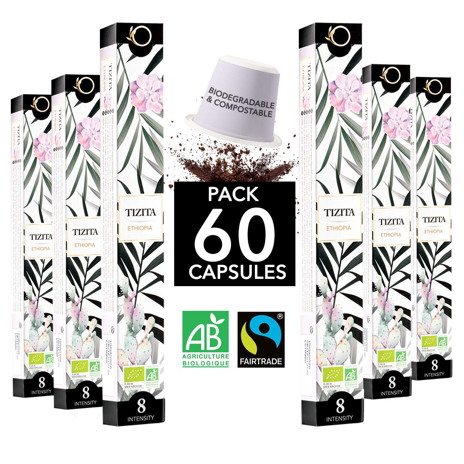 Nespresso Capsules Compatible | Organic Fairtrade Arabica Coffee in Capsules Biodegradable | Tizita Pure Coffee Ethiopia (Mocha), 60 Coffee Capsules | Traditional roasting