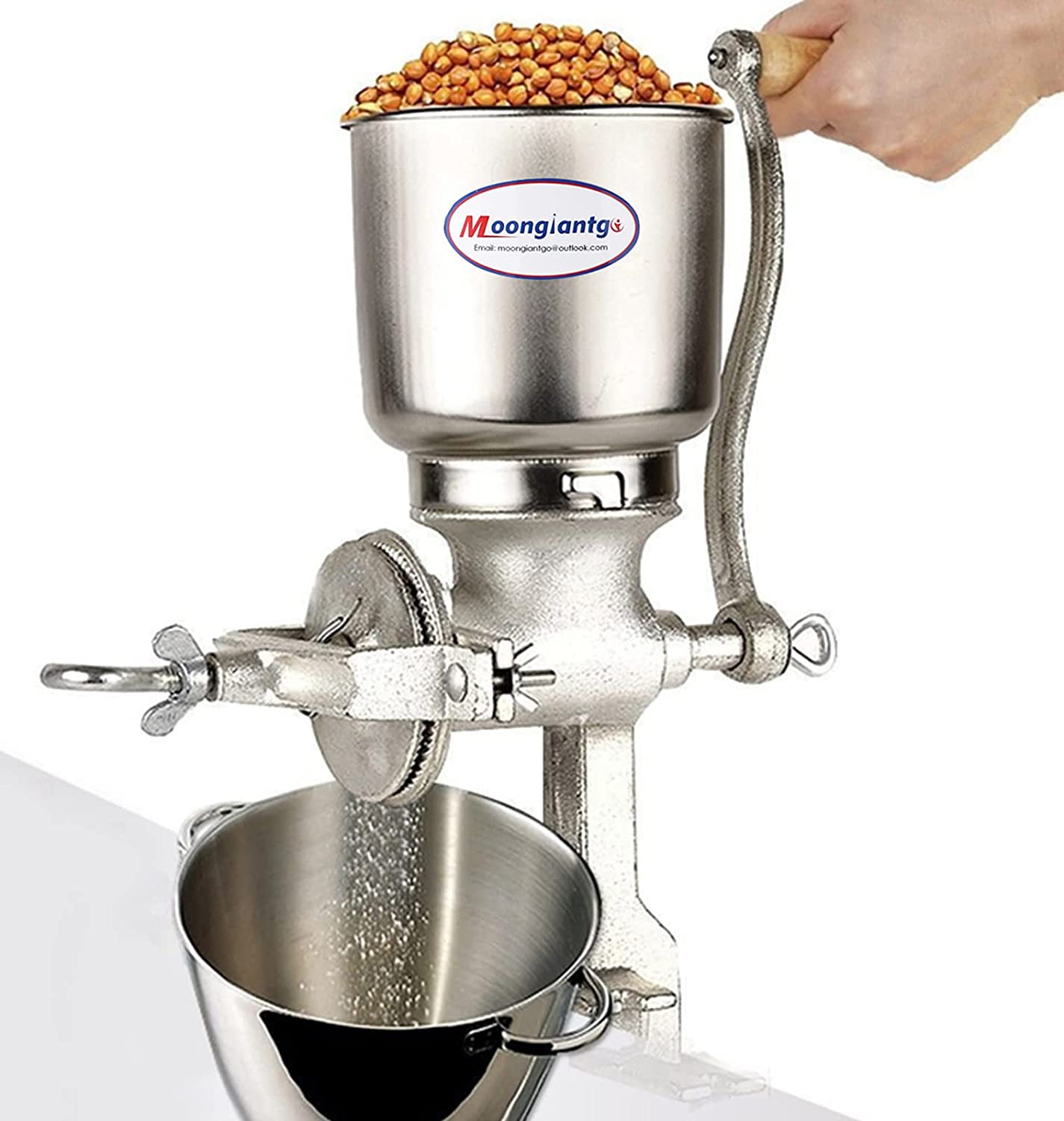 Moongiantgo Manual Grain Mill with 13 cm Large Funnel and 4 cm Table Clamp, Milling Coarse Adjustable Cast Iron Hand Sander for Nut, Coffee, Grains, Seeds, Corn, Spices