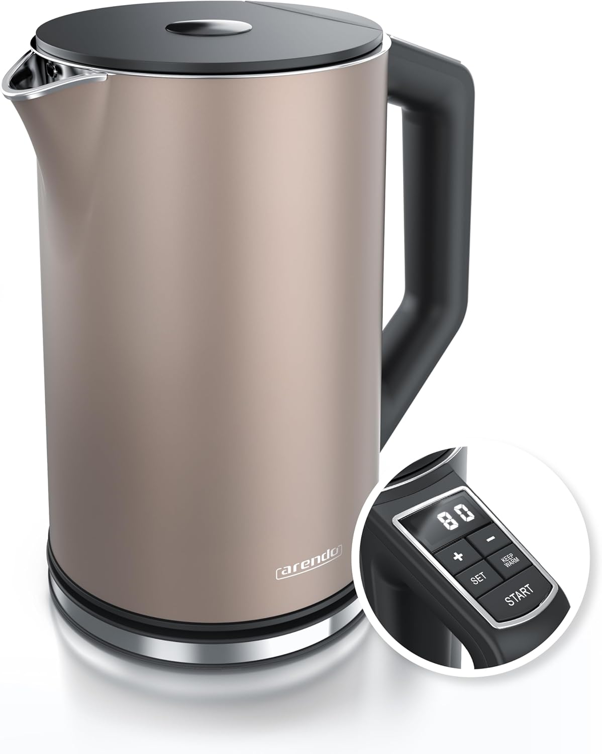 Arendo - Stainless Steel Kettle with Temperature Setting 40-100 Degrees in 5 Steps - Double Wall Design - Elegant Model - 1.5 Liter - 2200 W - Tea Maker with Temperature Display - GS - Bronzo